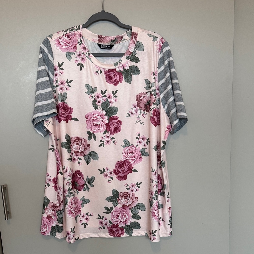 BloomChic Pink Floral and Gray Striped Tee